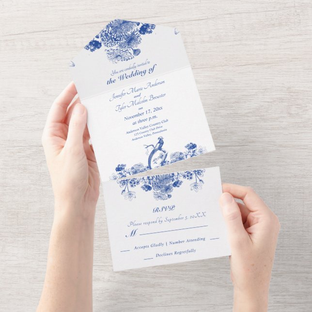 Padrão Floral Chinês Azul e Branco com Pássaro Tud (Tearaway)