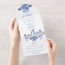 Padrão Floral Chinês Azul e Branco com Pássaro Tud