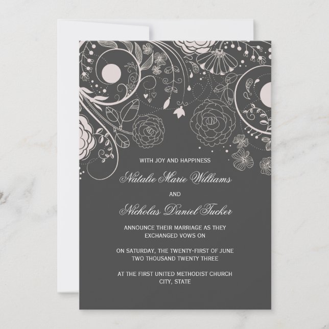 Padrão Floral Cinza/Branco - Anúncio de Casamento (Frente)