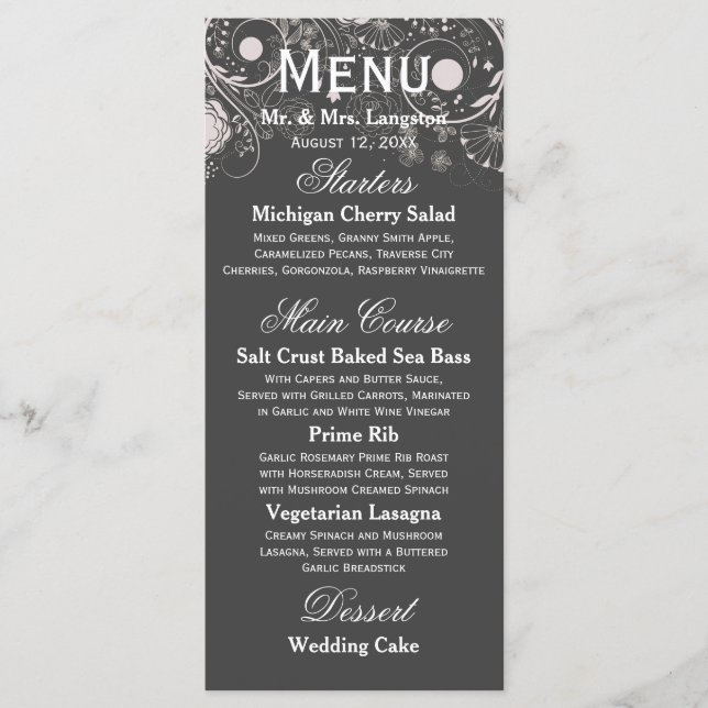 Padrão Floral Cinza/Branco - Menu de Recepção (Frente)