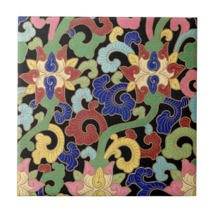 Padrão Floral Colorido de Chinoiserie em Preto