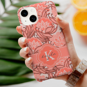 Padrão Floral Coral Tropical com Monograma