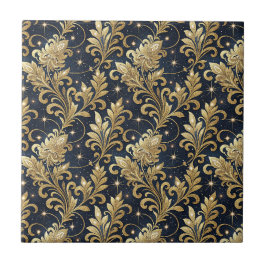 Padrão Floral Damask Luxuoso Dourado e Preto