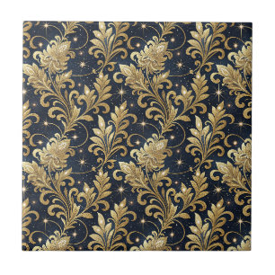 Padrão Floral Damask Luxuoso Dourado e Preto