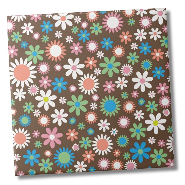 Padrão Floral de Daisy Cute (Cute Groovy Brown Blue Green Retro Daisy Floral ceramic tile)