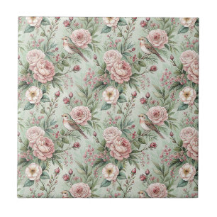 Padrão Floral de Jardim Inglês Antigo com Pássaro