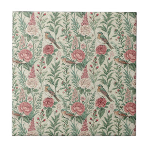 Padrão Floral de Jardim Inglês Antigo com Pássaros