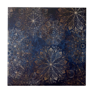 Padrão Floral de Mandala Azul Escuro e Dourado ele