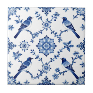Padrão Floral de Pássaro Chinoiserie Azul