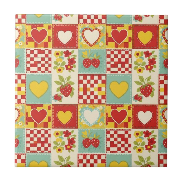 Padrão Floral de Patchwork de Morango Retro (Frente)