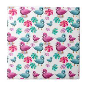 Padrão Floral de Pato Fofo Kawaii Rosa Azul