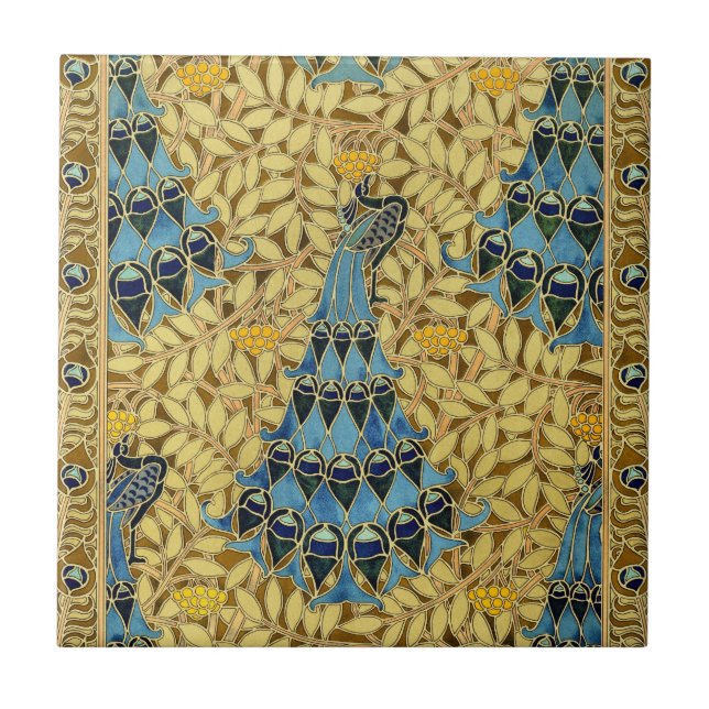 Padrão Floral de Pavão Azul Art Nouveau Antigo (Frente)