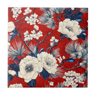 Padrão Floral de Peônia Índigo Carmesim de Inverno