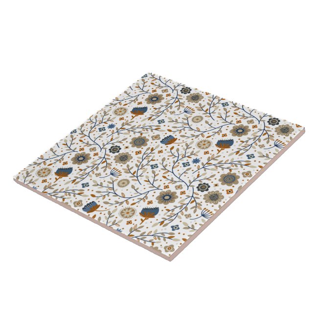 Padrão Floral Desenhado à Mão em Azul, Laranja (Lateral)