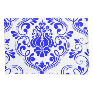 Padrão Floral do Damasco Azul e Branco Elegante