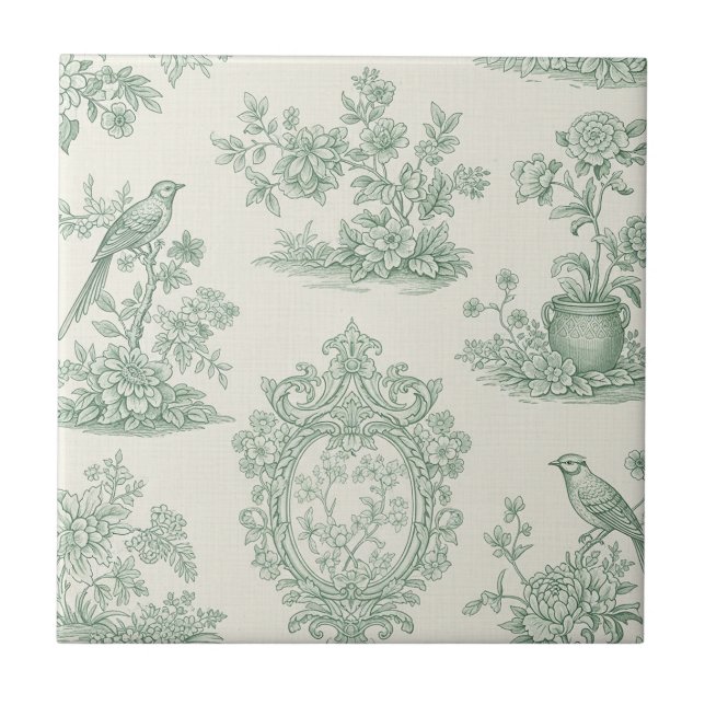 Padrão Floral e de Pássaros em Toile Verde Menta (Frente)