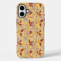 Padrão Floral Elegante com Folhas Vermelhas e Azui