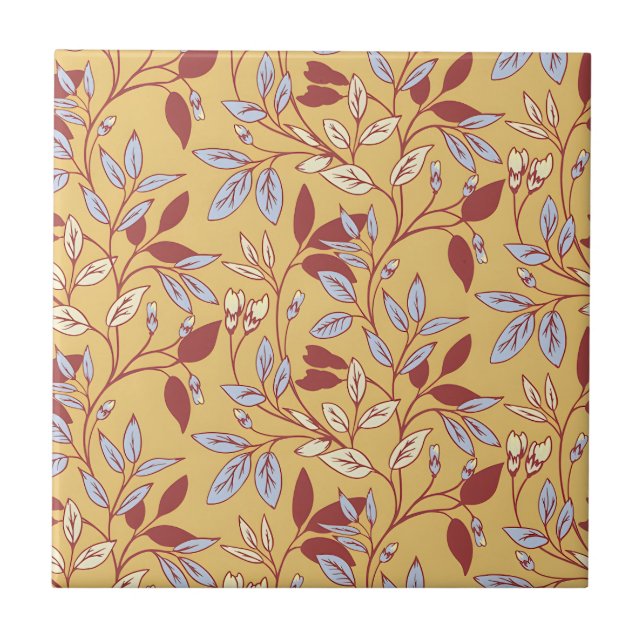 Padrão Floral Elegante com Folhas Vermelhas e Azui (Frente)