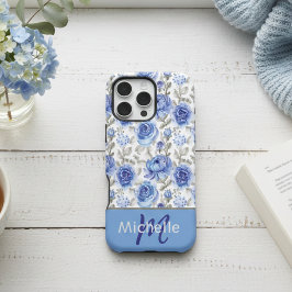 Padrão Floral em Aquarela Azul Elegante com Nome P