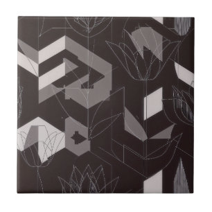 Padrão Floral Geométrico de Tulipa Bege Preto Mode