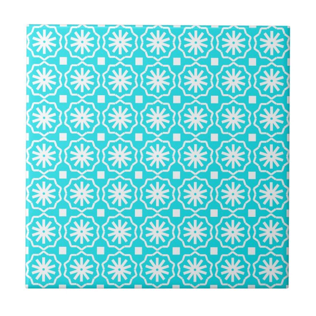 Padrão floral geométrico moderno azul-aqua branco (Frente)
