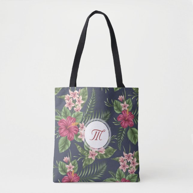 Padrão floral Hibiscus Monograma Tote Bag (Frente)
