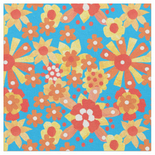 Padrão Floral Laranja Ditsy no Tecido Turquesa