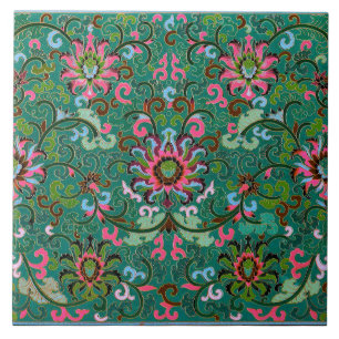 Padrão floral oriental antigo verde e rosa