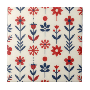 Padrão Floral Popular Vermelho e Azul Marinho