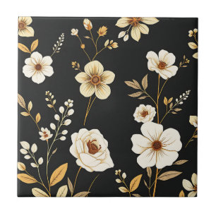 Padrão Floral Preto Dourado Creme
