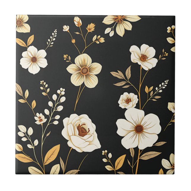 Padrão Floral Preto Dourado Creme (Frente)