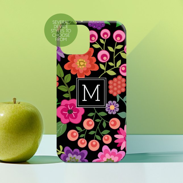 Padrão Floral Preto Trendy com Monograma Personali (Personalized Phone Case with Custom Text - Choose a Device Style)