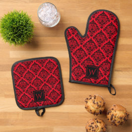 Padrão Floral Preto Vermelho-Gótico Damasco Invers