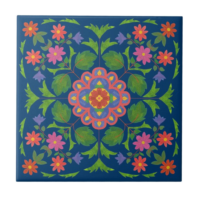 Padrão Floral Rangoli no Azulejo de cerâmica azul (Frente)