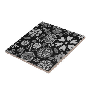 Padrão Floral Retro Preto e Cinza sem Costura Artí