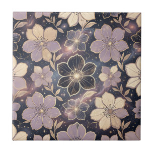 Padrão Floral Roxo Dourado Celestial Estrelas Galá