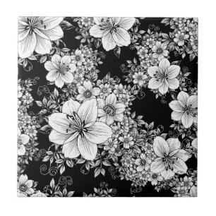 Padrão Floral Sem Costura Preto e Branco Vintage (