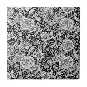 Padrão Floral Sem Costura Preto e Branco Vintage (