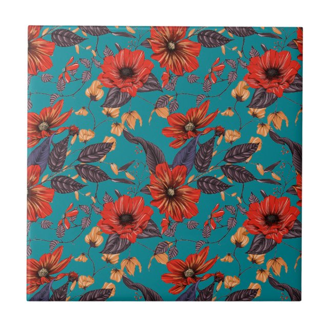 Padrão Floral Teal e Vermelho (Frente)