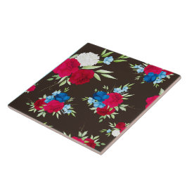 Padrão Floral Vermelho Azul Elegante em Marrom Esc