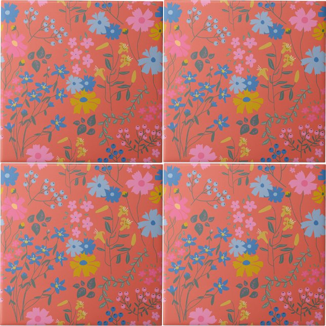 Padrão Floral Vermelho Boho Moderno (Modern Boho Red Floral Pattern Ceramic Tile)