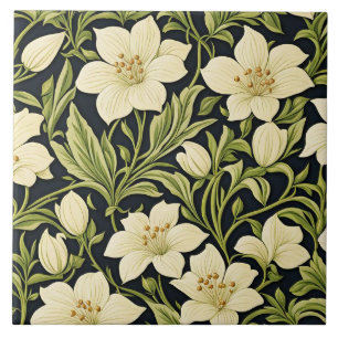 Padrão Floral Vintage, Branco Marfim e Verde,