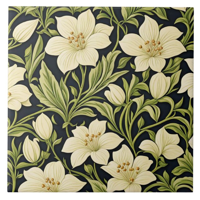 Padrão Floral Vintage, Branco Marfim e Verde, (Frente)