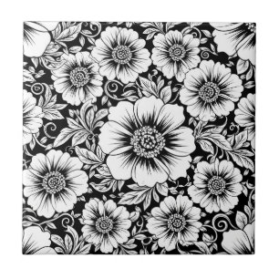 Padrão Floral Vintage Preto e Branco Sem Costura (