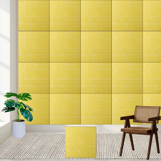 Padrão Geométrico Amarelo e Branco (Geometric Yellow and White Line Pattern Ceramic Tile)