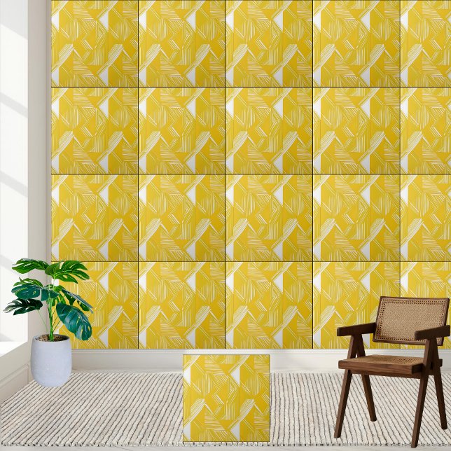 Padrão Geométrico Amarelo e Branco (Geometric Yellow and White Line Pattern Ceramic Tile)