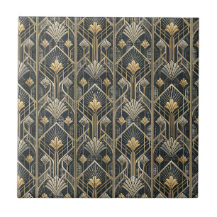 Padrão Geométrico Art Déco em Ouro e Carvão Preto