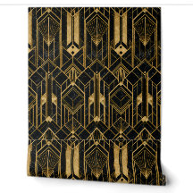 Padrão Geométrico Art Déco Preto e Dourado de Luxo