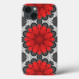 Padrão geométrico de margarida em preto vermelho e