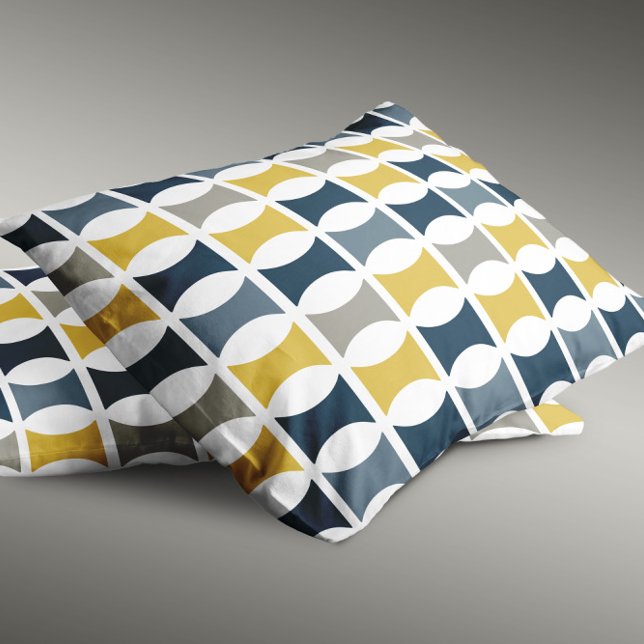 Padrão Geométrico Moderno de Meados do Século Azul (Mid Century Modern Geometric Pattern Navy Mustard Pillow Case)